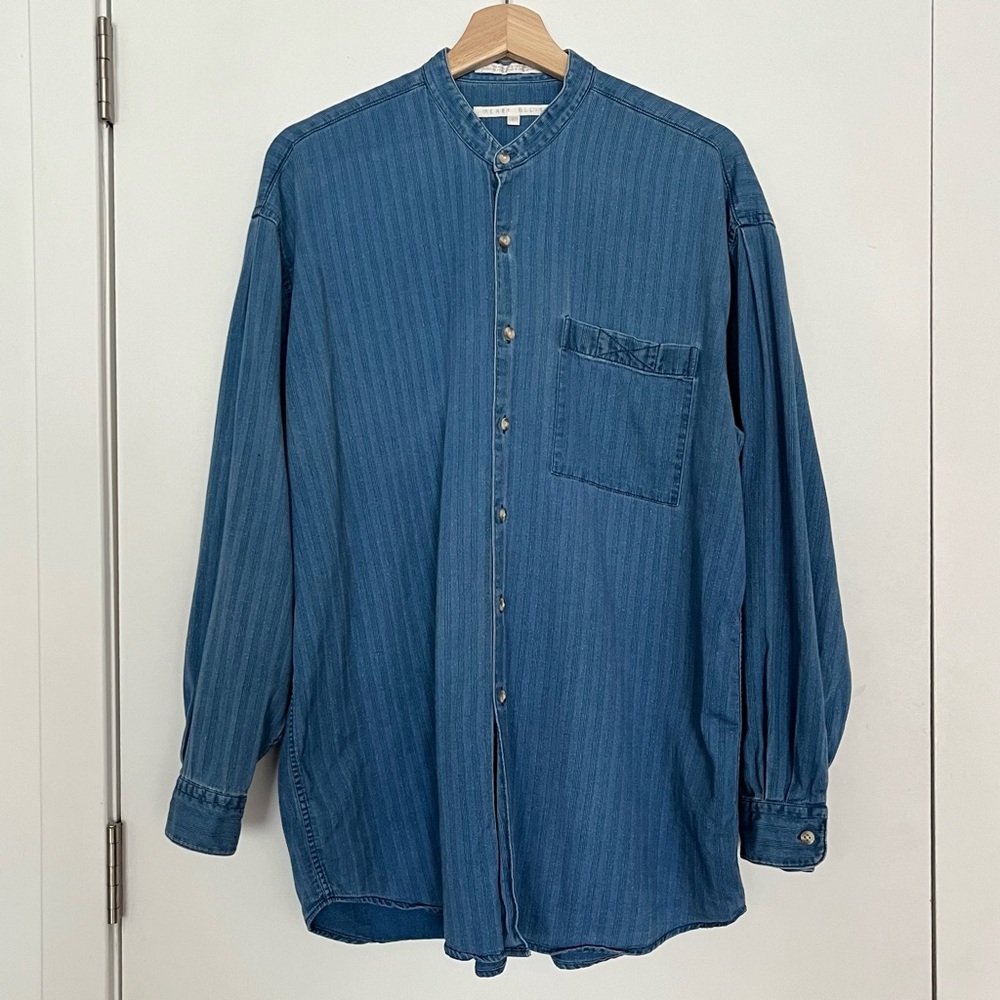 Vintage Perry Ellis Men's Chambray Button Up Shirt Blue Size L Band Collar Denim